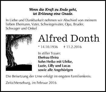 Traueranzeige von Alfred Donth von Mitteldeutsche Zeitung Zeitz