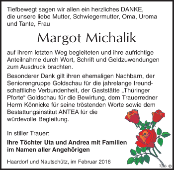 Traueranzeige von Margot Michalik von Mitteldeutsche Zeitung Zeitz