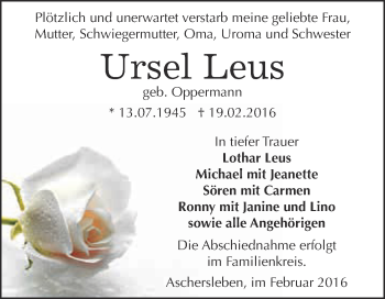 Traueranzeige von Ursel Leus von Super Sonntag Aschersleben