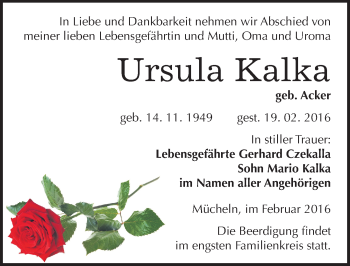 Traueranzeige von Ursula Kalka von Mitteldeutsche Zeitung Merseburg/Querfurt
