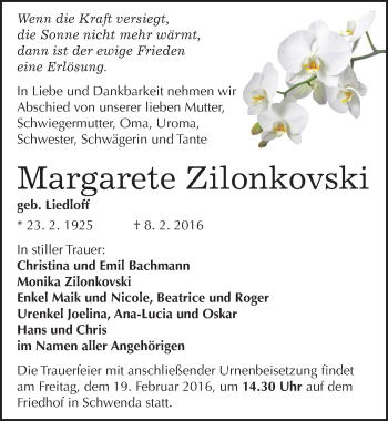 Traueranzeige von Margarete Zilonkovski von Mitteldeutsche Zeitung Sangerhausen