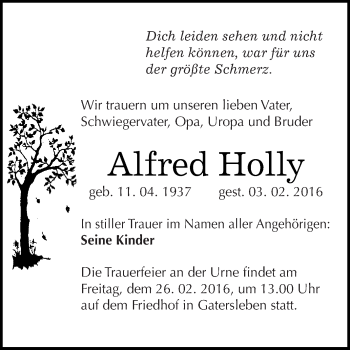 Traueranzeige von Alfred Holly von Super Sonntag Aschersleben