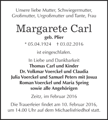 Traueranzeige von Margarete Carl von Super Sonntag Zeitz