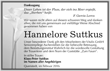 Traueranzeige von Hannelore Suttkus von Mitteldeutsche Zeitung Mansfelder Land