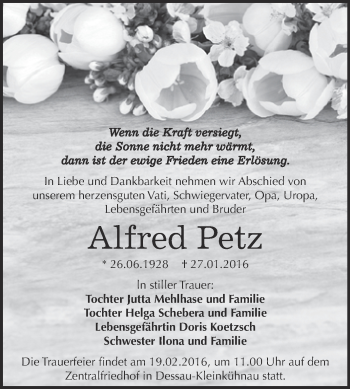 Traueranzeige von Alfred Petz von WVG - Wochenspiegel Dessau / Köthen
