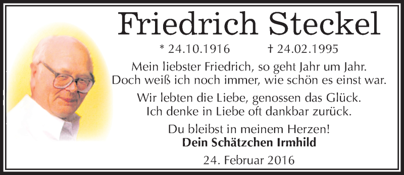  Traueranzeige für Friedrich Steckel vom 24.02.2016 aus Mitteldeutsche Zeitung Halle/Saalkreis