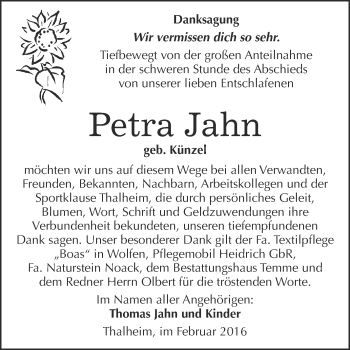 Traueranzeige von Petra Jahn von WVG - Wochenspiegel Bitterfeld