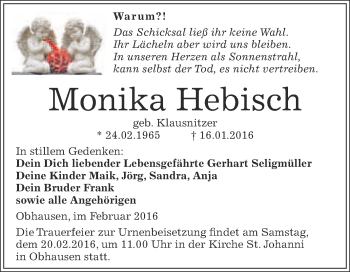 Traueranzeige von Monika Hebisch von WVG - Wochenspiegel Merseburg
