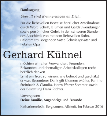 Traueranzeige von Gerhard Kühnel von Mitteldeutsche Zeitung Sangerhausen