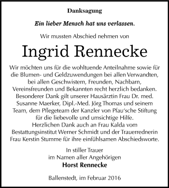 Traueranzeige von Ingrid Rennecke von WVG - Wochenspiegel Quedlinburg
