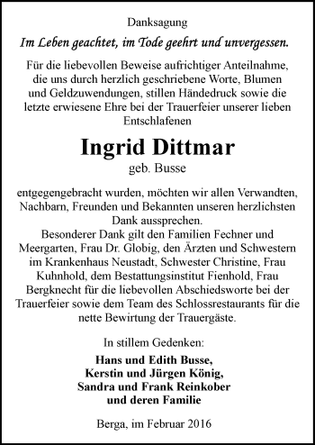 Traueranzeige von Ingrid Dittmar von Mitteldeutsche Zeitung Sangerhausen