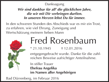 Traueranzeige von Fred Rosenbaum von Mitteldeutsche Zeitung Merseburg/Querfurt