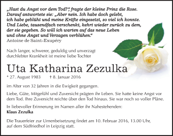 Traueranzeige von Uta Katharina Zezulka von Mitteldeutsche Zeitung Mansfelder Land