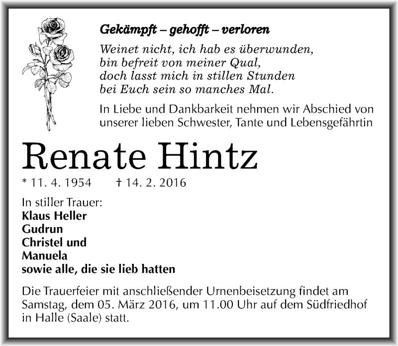  Traueranzeige für Renate Hintz vom 27.02.2016 aus Mitteldeutsche Zeitung Halle/Saalkreis
