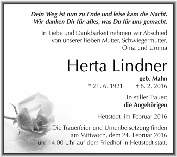 Traueranzeige von Herta Lindner von Wochenspiegel Mansfelder Land
