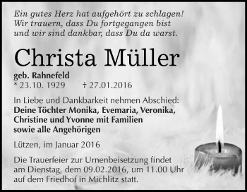 Traueranzeige von Christa Müller von WVG - Wochenspiegel NMB / WSF / ZTZ