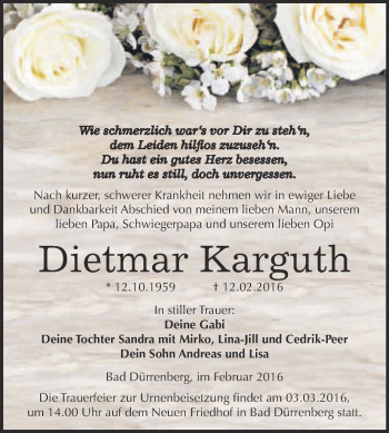 Traueranzeige von Dietmar Karguth von Super Sonntag Merseburg