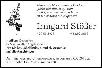 Traueranzeige von Irmgard Stößer von WVG - Wochenspiegel Dessau / Köthen