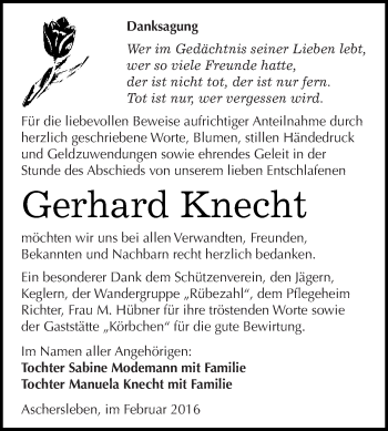 Traueranzeige von Gerhard Knecht von Super Sonntag Aschersleben