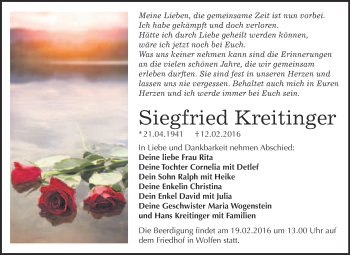 Traueranzeige von Siegfried Kreitinger von WVG - Wochenspiegel Bitterfeld
