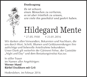 Traueranzeige von Hildegard Mente von WVG - Wochenspiegel Quedlinburg