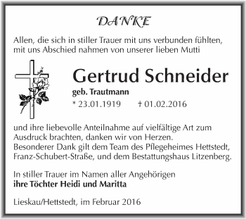 Traueranzeige von Gertrud Schneider von Super Sonntag SGH Mansf. Land