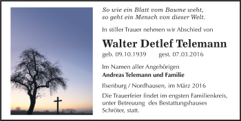 Traueranzeige von Walter Detlef Telemann von Mitteldeutsche Zeitung Dessau-Roßlau