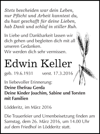 Traueranzeige von Edwin Keller von WVG - Wochenspiegel Dessau / Köthen