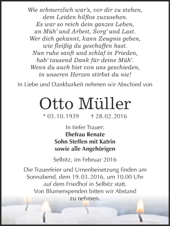 Traueranzeige von Otto Müller von WVG - Wochenspiegel Wittenberg