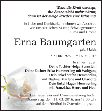 Traueranzeige von Erna Baumgarten von Mitteldeutsche Zeitung Köthen