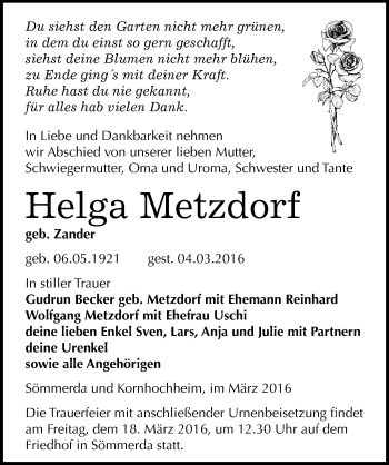 Traueranzeige von Helga Metzdorf von Mitteldeutsche Zeitung Sangerhausen