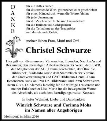 Traueranzeige von Christel Schwarze von Mitteldeutsche Zeitung Dessau-Roßlau