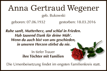 Traueranzeige von Anna Gertraud Wegener von Super Sonntag Bernburg
