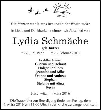 Traueranzeige von Lydia Schmäche von Mitteldeutsche Zeitung Zeitz