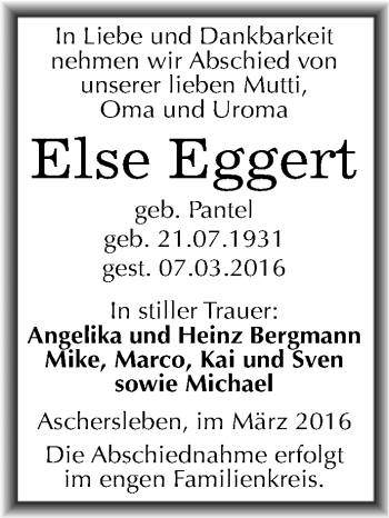 Traueranzeige von Else Eggert von Mitteldeutsche Zeitung Aschersleben