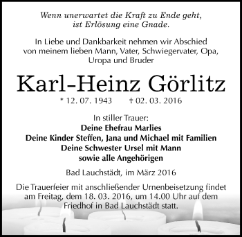 Traueranzeige von Karl-Heinz Görlitz von Mitteldeutsche Zeitung Merseburg/Querfurt