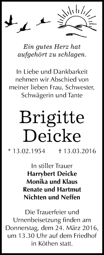Traueranzeige von Brigitte Deicke von Mitteldeutsche Zeitung Köthen