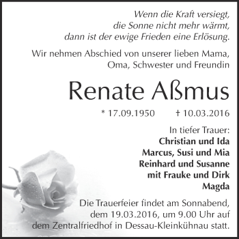 Traueranzeige von Renate Aßmus von WVG - Wochenspiegel Dessau / Köthen
