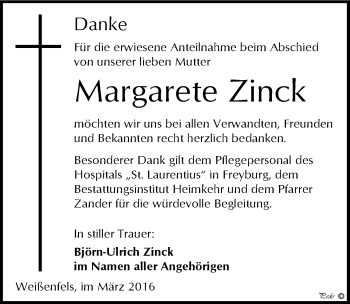 Traueranzeige von Margarete Zinck von Mitteldeutsche Zeitung Weißenfels