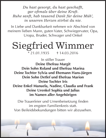 Traueranzeige von Siegfried Wimmer von Mitteldeutsche Zeitung Bitterfeld