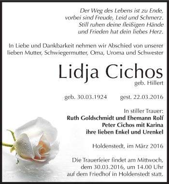 Traueranzeige von Lidja Cichos von Mitteldeutsche Zeitung Sangerhausen