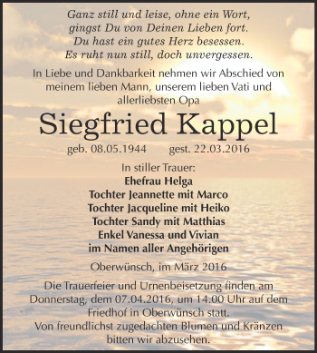 Traueranzeige von Siegfried Kappel von WVG - Wochenspiegel Merseburg