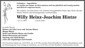 Traueranzeige von Willy Heinz-Joachim Hintze von Mitteldeutsche Zeitung Dessau-Roßlau