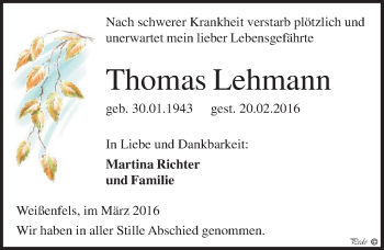 Traueranzeige von Thomas Lehmann von Mitteldeutsche Zeitung Weißenfels