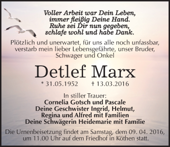 Traueranzeige von Detlef Marx von Mitteldeutsche Zeitung Köthen