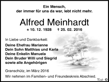 Traueranzeige von Alfred Meinhardt von Mitteldeutsche Zeitung Weißenfels