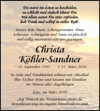 Traueranzeige von Christa Köhler-Sandner von Super Sonntag Zeitz