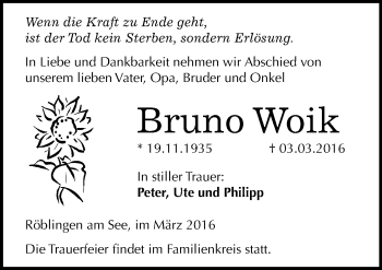 Traueranzeige von Bruno Woik von Mitteldeutsche Zeitung Mansfelder Land