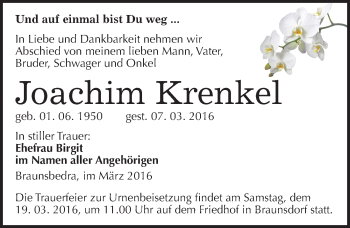 Traueranzeige von Joachim Krenkel von Mitteldeutsche Zeitung Merseburg/Querfurt