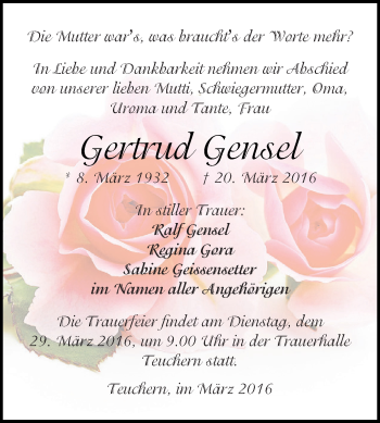 Traueranzeige von Gertrud Gensel von WVG - Wochenspiegel NMB / WSF / ZTZ